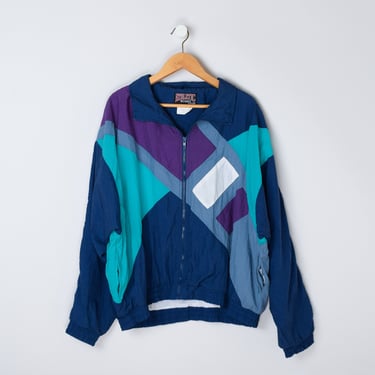 Vintage 90s Colorblock Windbreaker - teal, purple, navy, nineties, zip-up jacket - Men's 2XL 