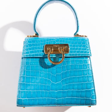 FERRAGAMO Blue Croc Iconic Top Handle Bag