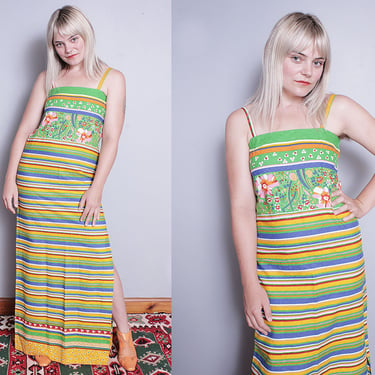 Vintage 1970's | Bright | Colorful | Floral | Striped | Maxi | Cotton | Dress | S 