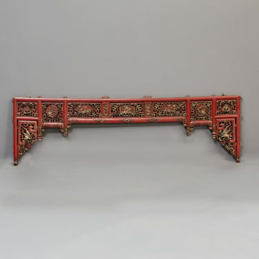 Antique Red & Gold Painted Ornately Carved Bed Panel