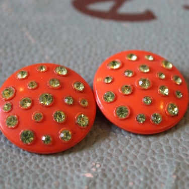 Vintage 40's 50s Coral Orange Celluloid and Rhinestone Earrings clip //  pin up Sweet 