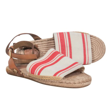 Tory Burch - Tan & Red Striped Espadrille Sandals w/ Leather Straps Sz 8