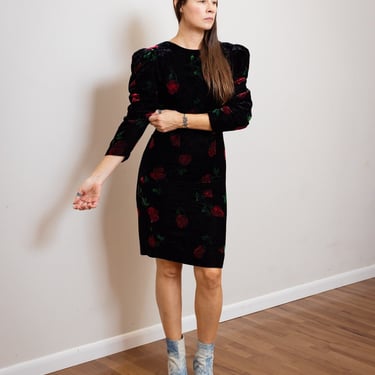 Size S/M, 1980s Black Velvet Rose Floral Long Sleeve Cocktail Dress 