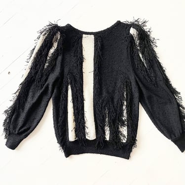 1980s Puff Shoulder Black + White Striped Hairy Knit Sweater 