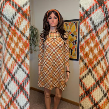 Vintage 1960s Orange Plaid Wool Blend Trapeze Tent Swing Style Long Sleeve Mini Dress / 60 70s Go-Go Mod Twiggy 