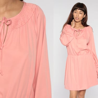 70s Grecian Dress KEYHOLE Dress 70s Mini Boho Pink Bow Neck High Waist 1970s Secretary Vintage Bohemian Long Sleeve Large 