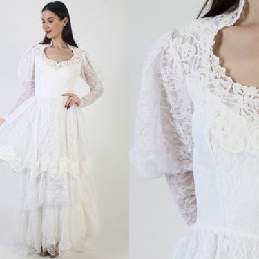 White Wedding Gown, Floor Length Dress With Train, Vintage Romantic Bridal, Victorian Tiered Lace 