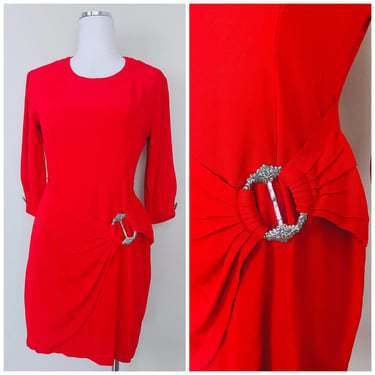 1980s Vintage La Bella Red Acetate / Rayon Mini Dress / 80s / Eighties Rhinestone Sarong Party Dress / Size Medium 