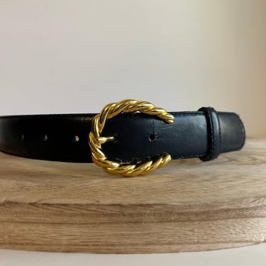 Vintage 90s Liz Claiborne Genuine Leather Golden Twist Buckle Belt - S/M 