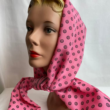 Vintage pink scarf~ neck tie pussycat bow extra long rectangular polkadot circles print pink & black 