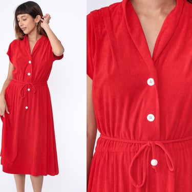 Red Terry Cloth Dress 70s V Neck Midi Button Up Cap Sleeve Vintage High Waisted Shift Belted Boho Hippie Retro Shirtdress Day 1970s Medium 