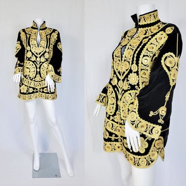 1960's Moroccan Black Velvet Embroidered Mirrored Nehru Collar Tunic I Sz Med I Men's Sz 40" I Shirt I Top I Beatles 