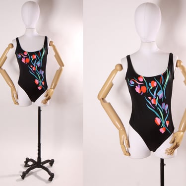 1980s 1990s Black, Green and Pink Floral One Piece Swimsuit -M 