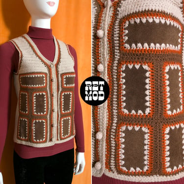 Groovy Vintage 70s Beige Rust Brown Suede Patchwork Vest 