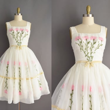 1950s dress | Gorgeous White Fluttery Chiffon Pink Floral Cupcake Wedding Dress | Small Medium | 50s vintage dress 