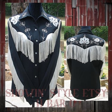 H Bar C, California Ranchwear, Taos Vintage Western Women's Shirt, Floral Embroidery, Appliques & Fringe, 38, Approx. Med. (see meas. photo) 