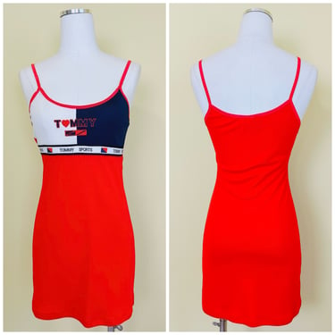 1990s Vintage Tommy Hilfiger Sample Mini Dress/ 90s Y2K Color Block Spandex Red White and Blue Dress / Small 