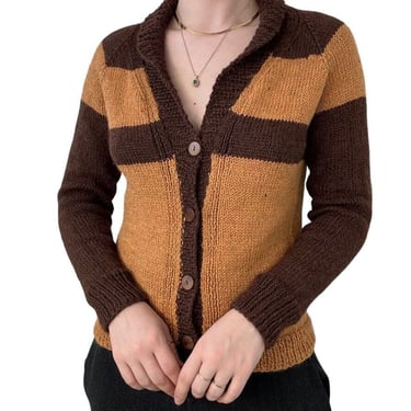 Vintage Womens Preppy Hand Knit 100% Alpaca Soft Yellow Brown Striped Cardigan S 