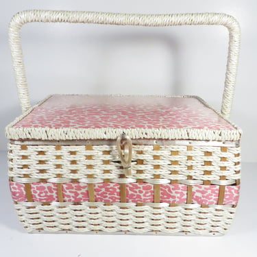 Vintage Sewing Basket Box with Handle - Cloth Covered Sewing Box - Floral Striped Sewing Basket 