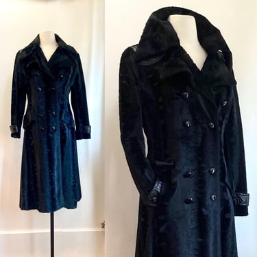 Vintage 60s 70s Trench Coat / CRUSHED VELVET Faux Fur Look / Slash Pockets / Lined 