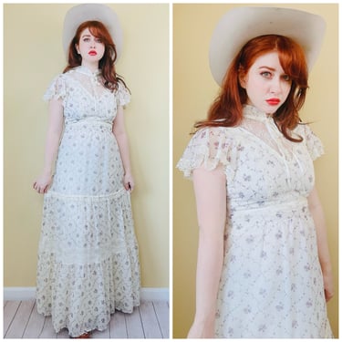 1970s Vintage Lavender Floral Short Sleeve Maxi Dress / 70s / Lace Collar Cotton Voile Calico Prairie Dress / Size Large 