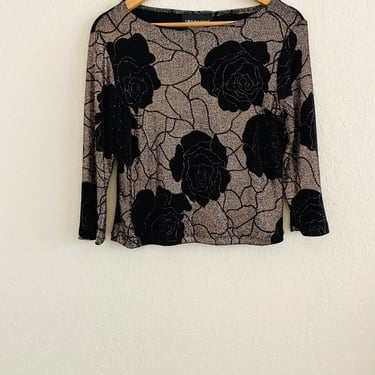 Connected VTG Floral Black & Gold Stretch Glitter Party Blouse Size Medium Petite 