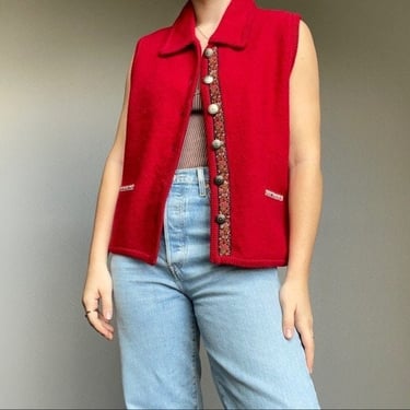 Vintage 90s Women’s Holiday Woolrich Cherry Red Boiled Wool Sweater Vest Sz L 