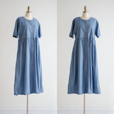 blue midi dress 90s vintage chambray denim cotton oversized dress 