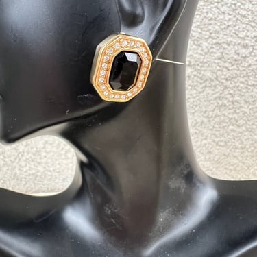 Vintage S.A.L. Clip earrings black onyx gold tones Swarovski crystals 