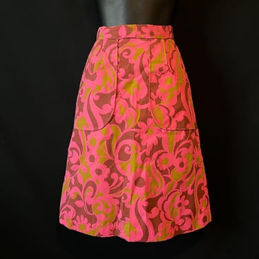 1960s flower power skirt vintage pink and lime psychedelic print XS 