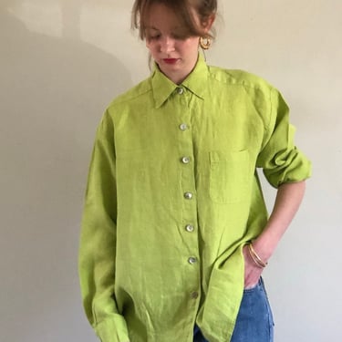 90s linen blouse / vintage neon lime green oversized linen blouse chore pocket shirt | Large 
