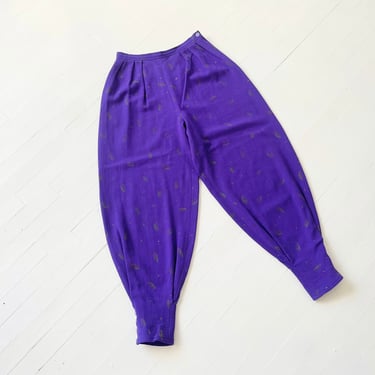 1980s Jean Muir Royal Purple Printed Wool Harem Pants 