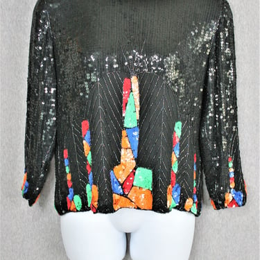 1980-90s - Black Sequin - Neon - Cocktail Top - Sparkle - Trophy - by Carina - Marked size L 