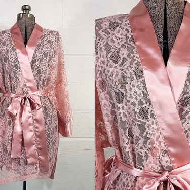 Vintage Victoria's Secret Kimono Robe Lace Satin Trim VS Gold Label Made in Hong Kong PJ Sleep Pink Sleepwear Dress Large 1980s 1990s 