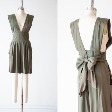 green pinafore romper | 80s 90s vintage olive green overall shorts cottagecore romper 