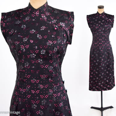 1950s Black Cheongsam Dress | 50s Black Eyelet Cheongsam Dress | Black & Pink Taffeta Sheath Dress |  Wiggle Dress | Small 