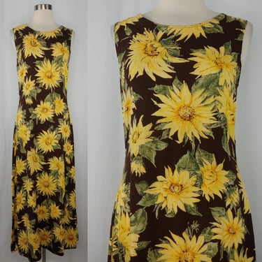 Vintage 90s XS / S Brown Sunflower Print Sleeveless Maxi Sheath Dress - Nineties Summer Sun Dress 