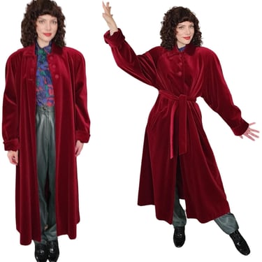 Vintage 80s Red Velvet Coat Raglan Sleeves, Belted 