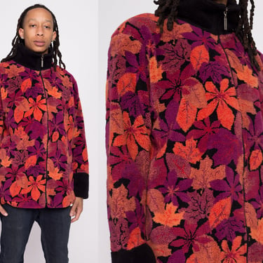 90s Autumn Leaves Fleece Hooded Sweatshirt - Unisex Medium | Vintage Oversize Fall Floral Zip Front All Over Print Soft Jacket 