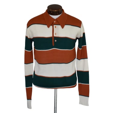 Vintage 70s Johnny Collar Striped Shirt, 1970s Mens Long Sleeve Polo, Chunky Stripe V-Neck Sweater, Size M Medium 