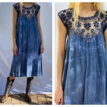 Antique Indigo Maxi Dress Gown / Crochet Neckline Haute Hippie Dress / Festival / Very Old Nightwear / Hand Dyed Indigo Blue Dress 