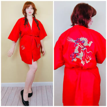 1970s Daffodil Brand Poly Cotton Dragon Robe / 70s / Seventies Fu Dog Embroidered Dressing Gown / Medium 