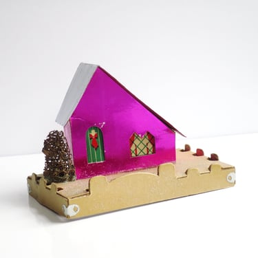 Viva Magenta Putz House, True Vintage Cardboard Village House Hot Pink Foil Cardstock 