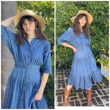 80s Denim Western Studs Jean Dress Space Cowgirl Ranch wear M 