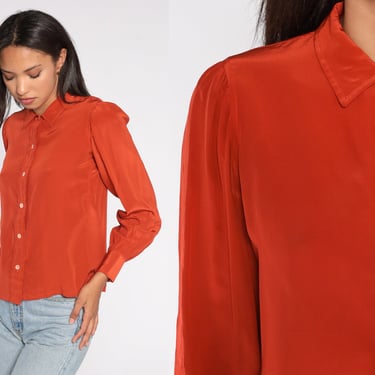 Burnt Orange Silk Top Button Up Shirt 80s Puff Sleeve Blouse Preppy Feminine Simple Solid Collar Top Vintage 1980s Long Sleeve Shirt Small S 