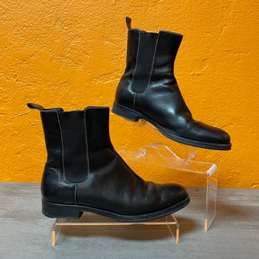 Vintage Size 7.5B Black Leather Ralph Lauren Pull On Ankle Boots w White Stitching | Chelsea, 2003, Made in Brazil, Rare, Great Quality 