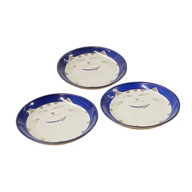 Lot of 3 Cat Head Graphic Round Blue Color Porcelain Small Plates ws3155E 