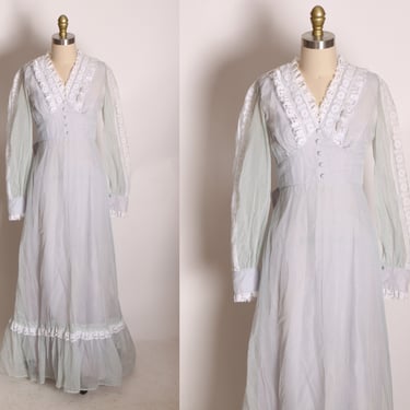 1970s Pale Blue Periwinkle Long Sleeve White Lace Trim Velvet Flocked Cottagecore Prairie Boho Full Length Dress by Montgomery Ward -XS 