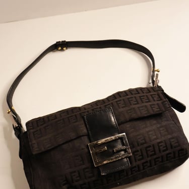 Vintage FENDI Black Zucchino Baguette Bag in Canvas + Leather Bag Black Monogram FF Zucca Logo and Silver Hardware Shoulder Bag Y2K 