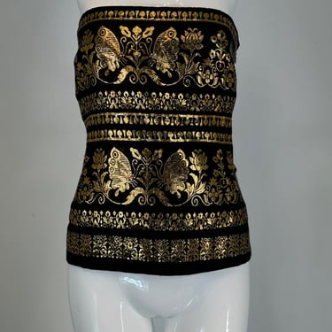 Ralph Lauren Woven Black & Gold Silk Blend Woven Design Strapless Peplum Top 12